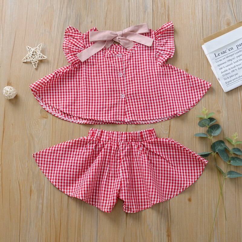 Children Set Baby Girls Casual Flare Sleeve Short T-shirt Tops+Paild Shorts With Bowknot Sashes