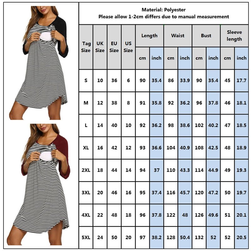 Womens Long Sleeve Stripe Maternity Nursing Dress for Breastfeeding winter pregnant dress nightgown cotton sleepwear