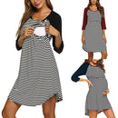 Womens Long Sleeve Stripe Maternity Nursing Dress for Breastfeeding winter pregnant dress nightgown cotton sleepwear