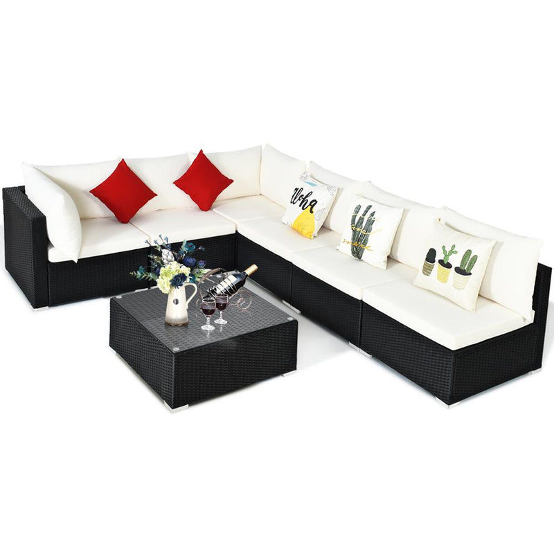 7PCS Patio Rattan Sofa Set Sectional Conversation Furniture Set Garden Beige HW66524WH+