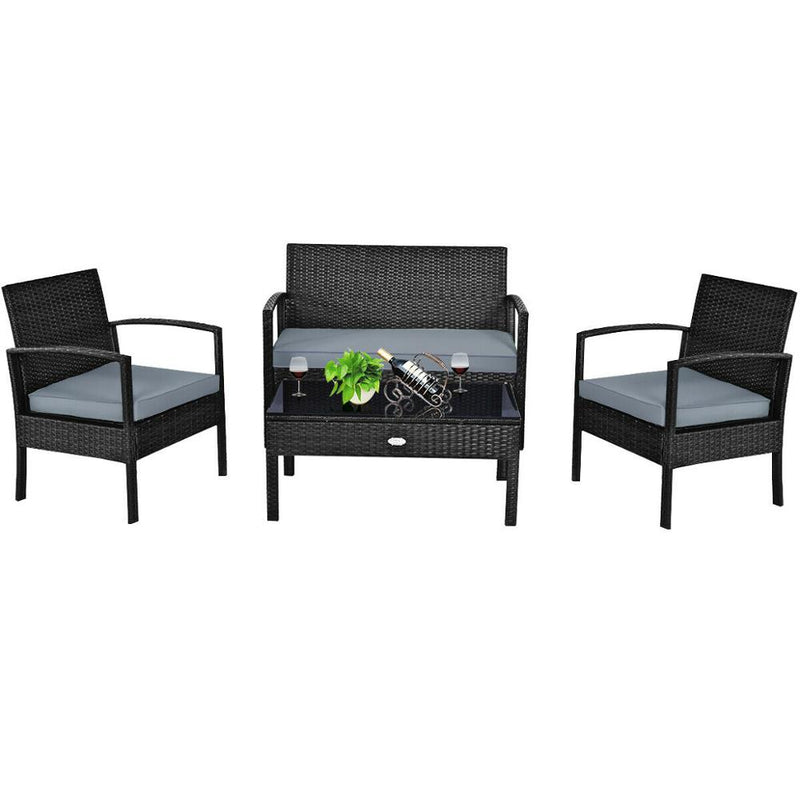 4PCS Outdoor Patio Rattan Furniture Set Cushioned Sofa Coffee Table Garden Deck HW63756