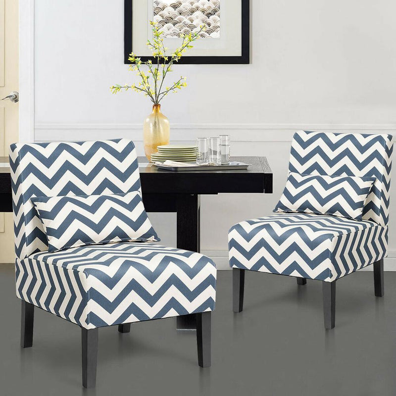 2 Armless Accent Chairs Suitable for Living Room  w/ Lumbar Pillow Blue Chevron