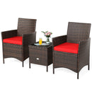 3PCS Patio Rattan Furniture Set Cushioned Sofa Glass Tabletop Deck Red/Blue  HW67050