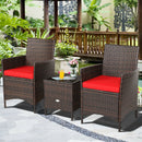 3PCS Patio Rattan Furniture Set Cushioned Sofa Glass Tabletop Deck Red/Blue  HW67050