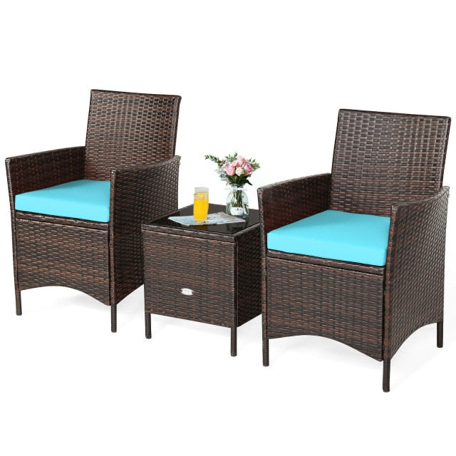 3PCS Patio Rattan Furniture Set Cushioned Sofa Glass Tabletop Deck Red/Blue  HW67050