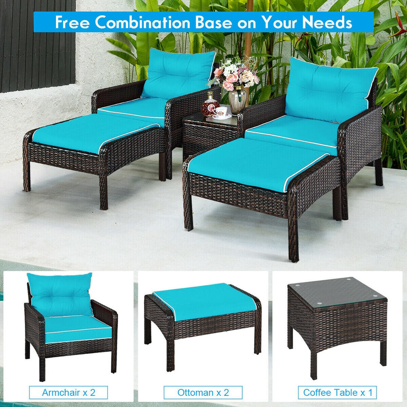 5 PCS Patio Rattan Wicker Furniture Set Sofa Ottoman Coffee Table Cushioned Yard HW63771