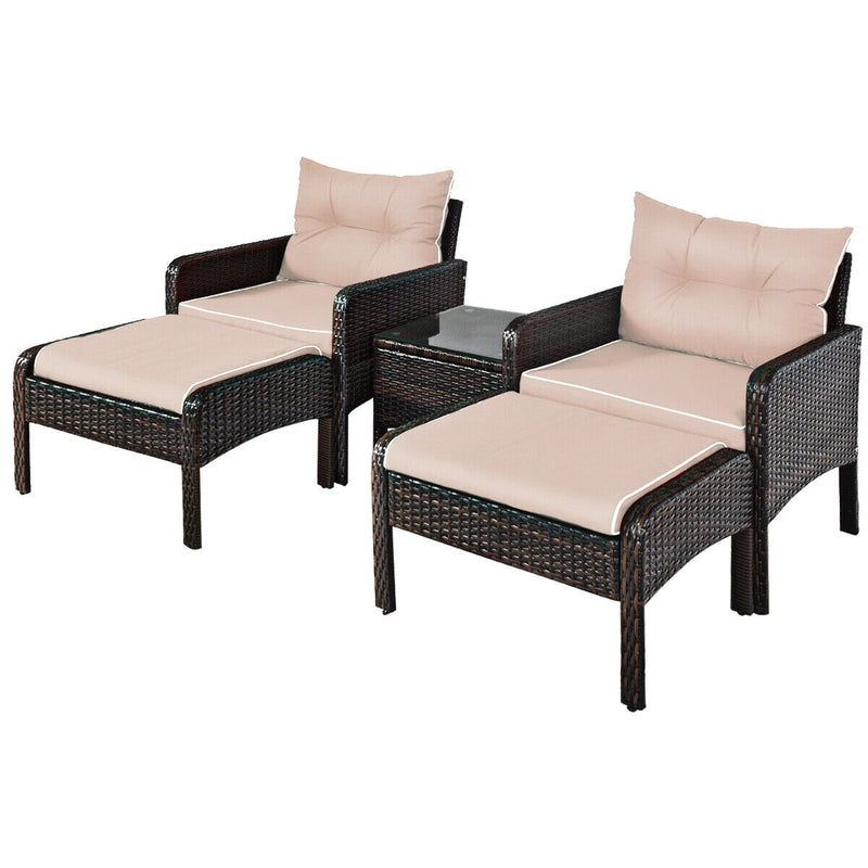 5 PCS Patio Rattan Wicker Furniture Set Sofa Ottoman Coffee Table Cushioned Yard HW63771