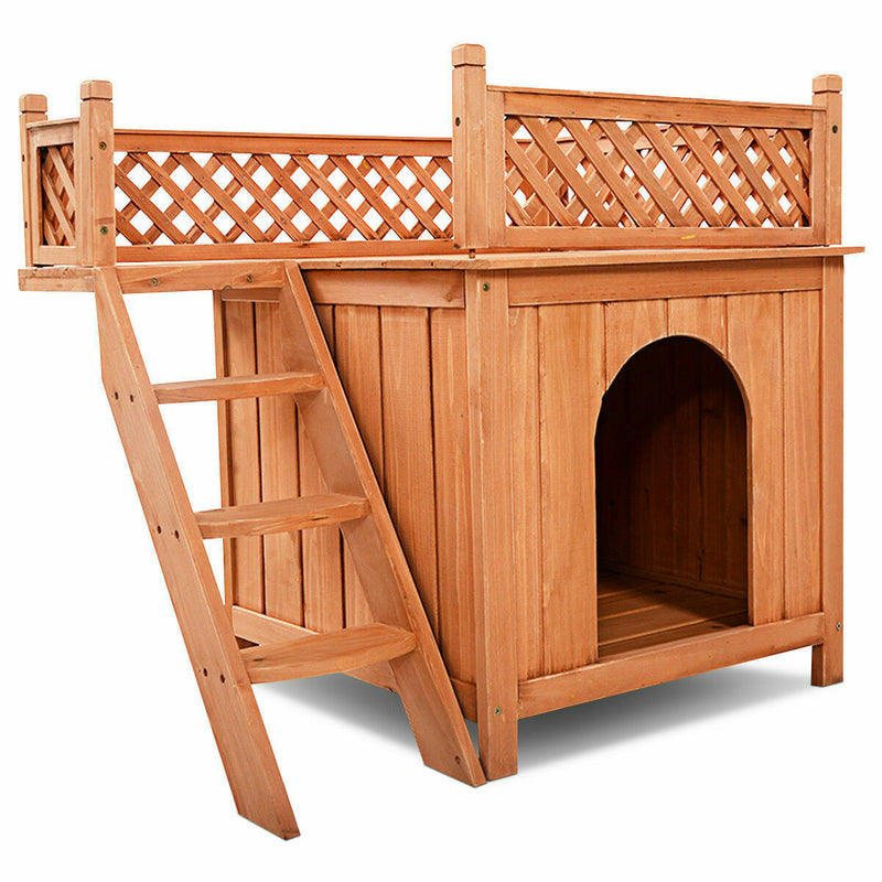 Wooden Puppy Pet Dog House Wood Room In/outdoor Raised Roof Balcony Bed Shelter