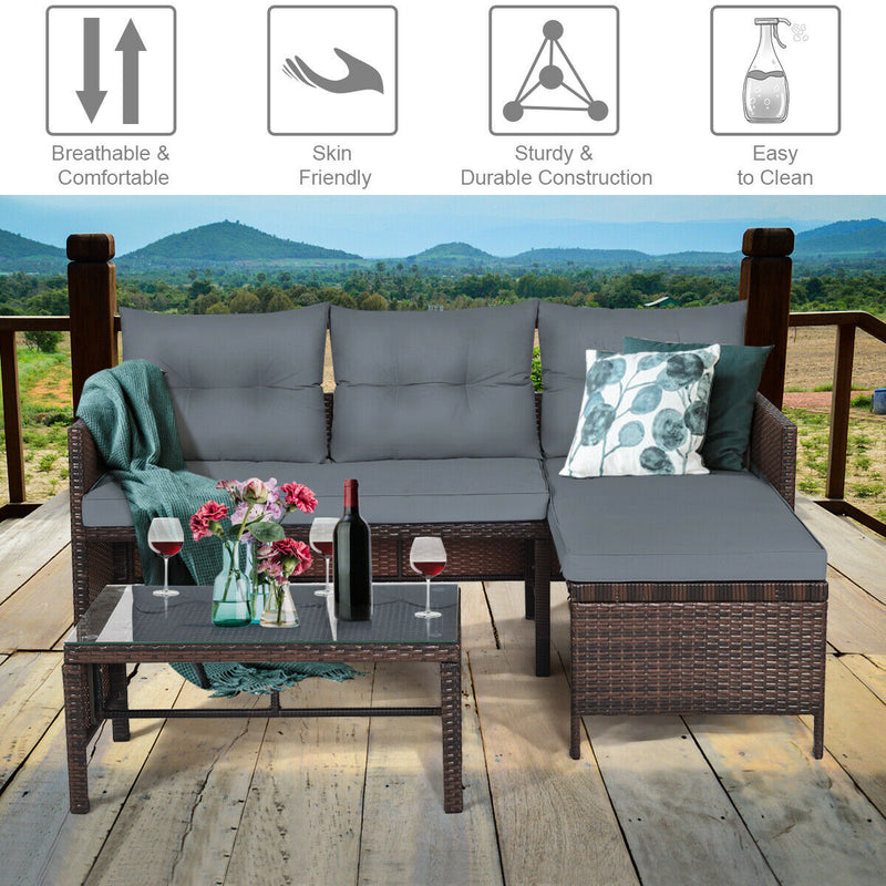 3PCS Patio Wicker Rattan Sofa Set Outdoor Sectional Conversation Set Garden Lawn HW63870