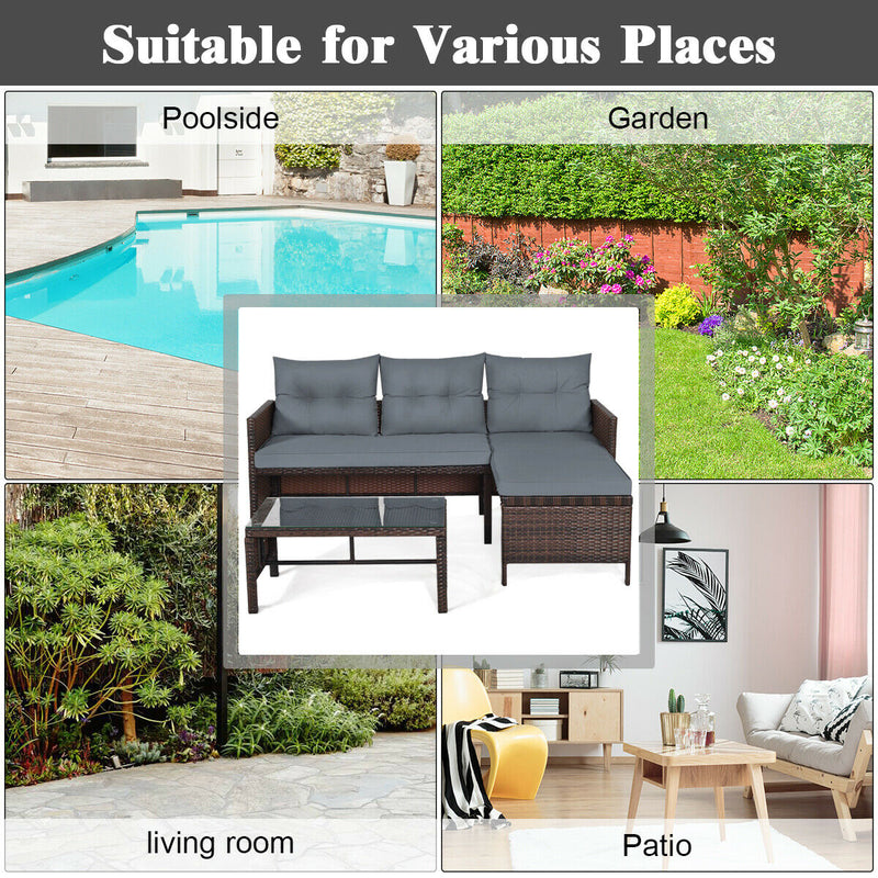 3PCS Patio Wicker Rattan Sofa Set Outdoor Sectional Conversation Set Garden Lawn HW63870
