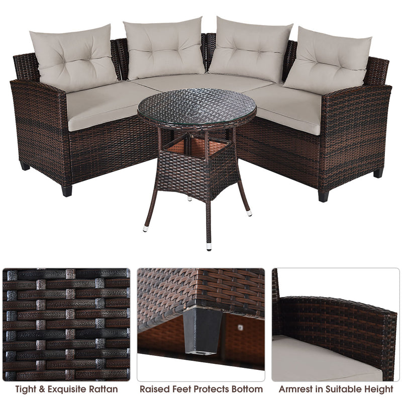 4PCS Furniture Set Outdoor Patio Rattan Cushioned Sofa Table HW66920