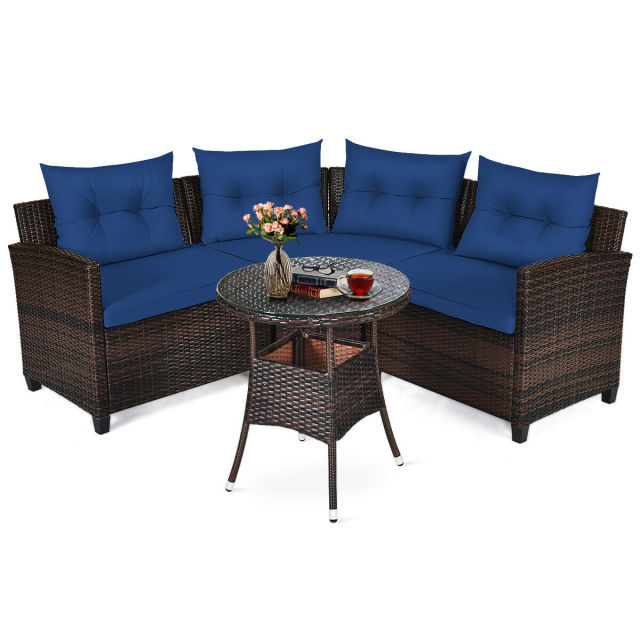 4PCS Furniture Set Outdoor Patio Rattan Cushioned Sofa Table HW66920