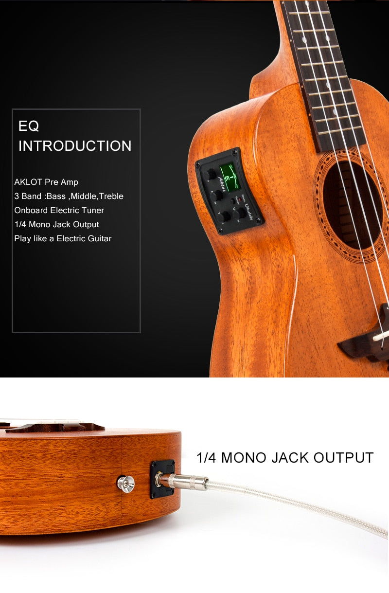 Electric Ukulele Solid Mahogany w/ Online Video Ukelele Soprano Concert Tenor Uke 4 String Guitar with Strap String Tuner