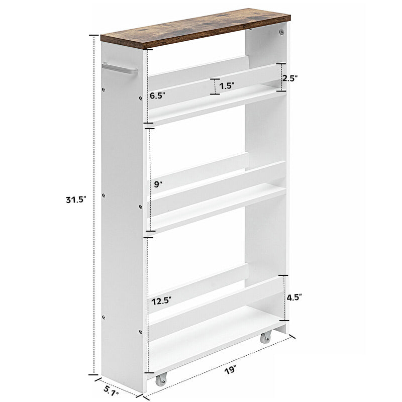 4 Tier Rolling Slim Storage Cart Tower Rack Kitchen Organizer w/ Handle White