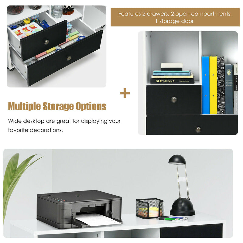 Lateral Mobile Filing Cabinet File Storage Large Printer Stand w/ 2 Drawers & Shelves