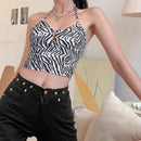 Women Leopard Printed Sexy Halter Crop Top Backless Bandage Lace Up Metal Ring Tank T
