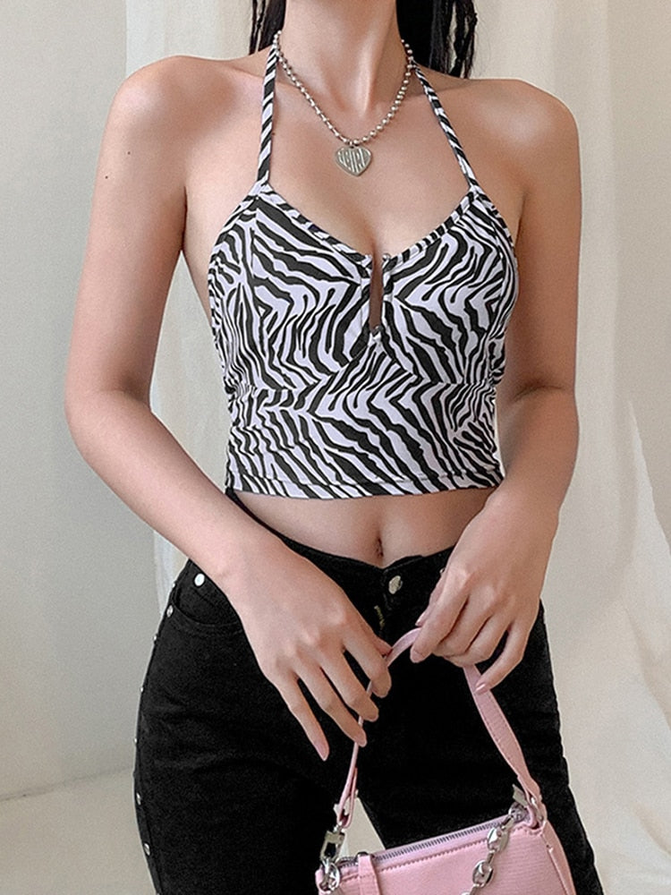 Women Leopard Printed Sexy Halter Crop Top Backless Bandage Lace Up Metal Ring Tank T