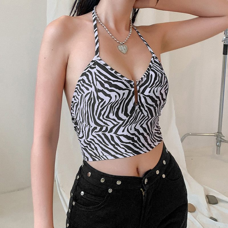 Women Leopard Printed Sexy Halter Crop Top Backless Bandage Lace Up Metal Ring Tank T