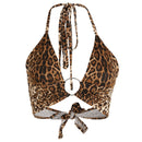 Women Leopard Printed Sexy Halter Crop Top Backless Bandage Lace Up Metal Ring Tank T