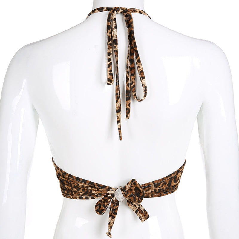 Women Leopard Printed Sexy Halter Crop Top Backless Bandage Lace Up Metal Ring Tank T