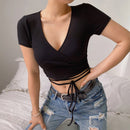 Korean Tees T-Shirt Winter Soild For Girls Streetwear T-Shirt Short Sleeve Hipster Casual Hoody Bandage Top  Aesthetic Clothes