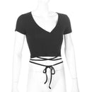 Korean Tees T-Shirt Winter Soild For Girls Streetwear T-Shirt Short Sleeve Hipster Casual Hoody Bandage Top  Aesthetic Clothes