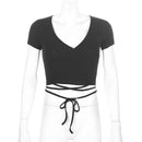 Korean Tees T-Shirt Winter Soild For Girls Streetwear T-Shirt Short Sleeve Hipster Casual Hoody Bandage Top  Aesthetic Clothes