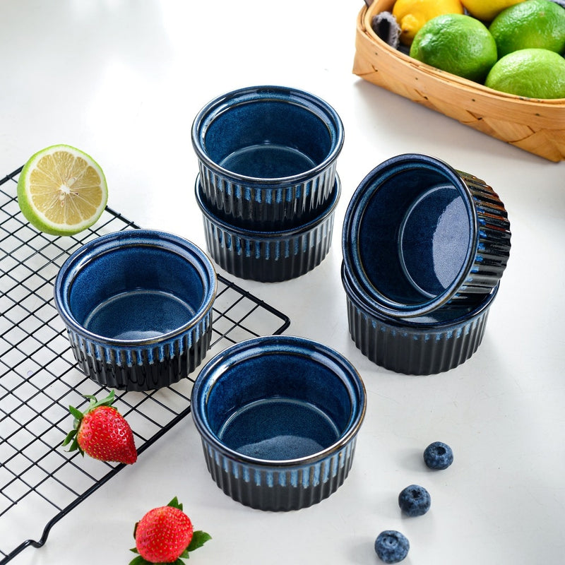 6-Piece 300ML Blue Ceramic Ramekins Baking Cup for Souffle,Creme