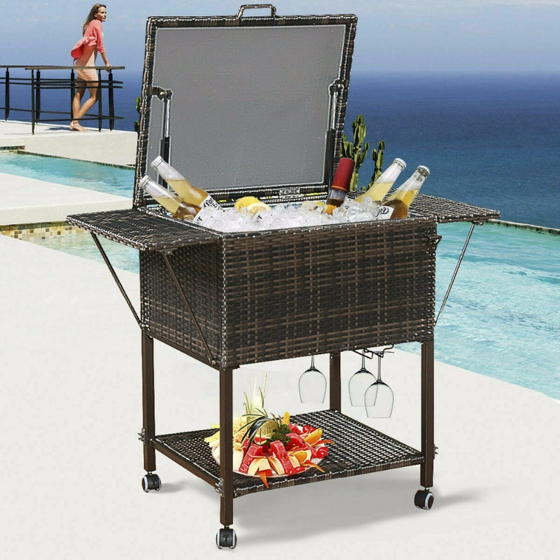 Portable Rattan Cooler Cart Trolley Outdoor Patio Pool Party Ice Drink Mix Brown HW52974