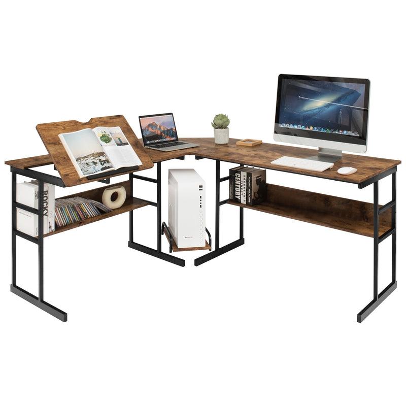 L-Shaped Computer Desk Drafting Table Workstation w/ Tiltable Tabletop HW66803