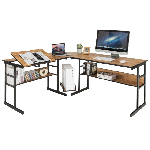 L-Shaped Computer Desk Drafting Table Workstation w/ Tiltable Tabletop HW66803
