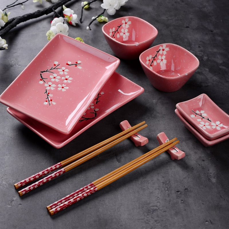 Japanese Style Pink Porcelain Sushi Set with Gift Box