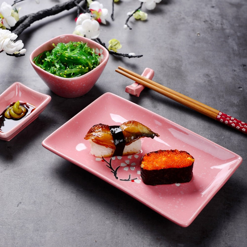 Japanese Style Pink Porcelain Sushi Set with Gift Box