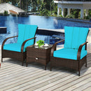 3 PCS Patio Rattan Furniture Set Coffee Table & 2 Rattan Chair with Cushions HW65850