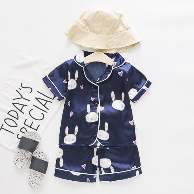 Baby Boys Girls Bunny Print Clothes Kids Short Sleeve Blouse Tops+Shorts Sleepwear Pajamas