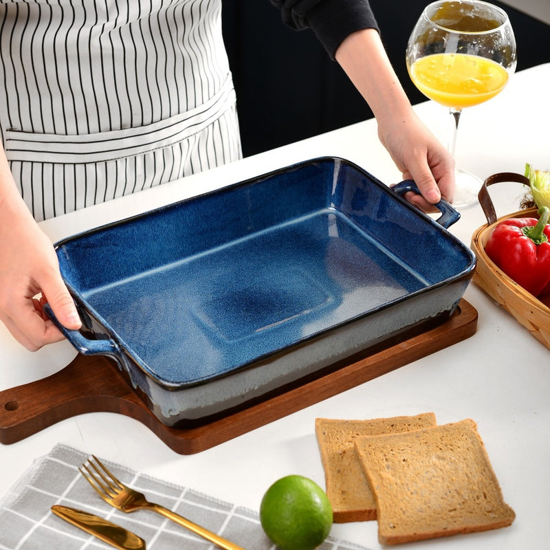 3-Piece Glaze Stoneware Oven Dish Plate Set Blue Rectangle Ceramic Oven Proof Dish