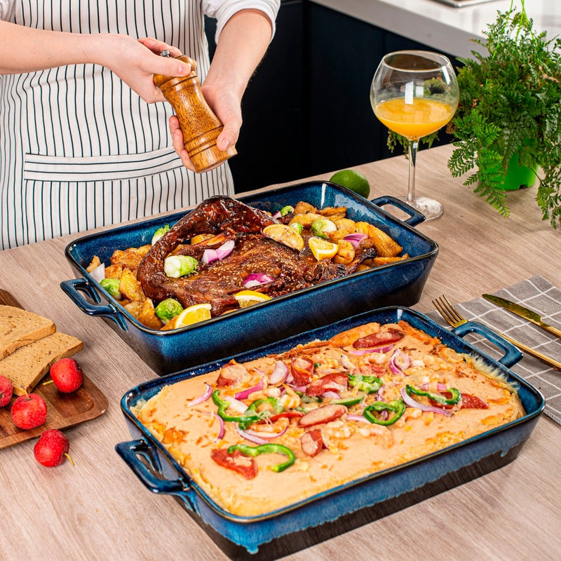 3-Piece Glaze Stoneware Oven Dish Plate Set Blue Rectangle Ceramic Oven Proof Dish