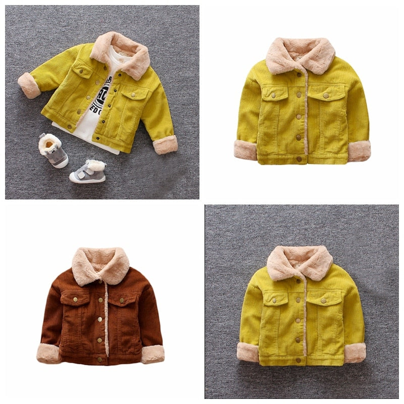 Autumn Winter Casual Fashion Baby Long Sleeve Solid Color Plus Velvet Coat Kids Outerwear New Arrival