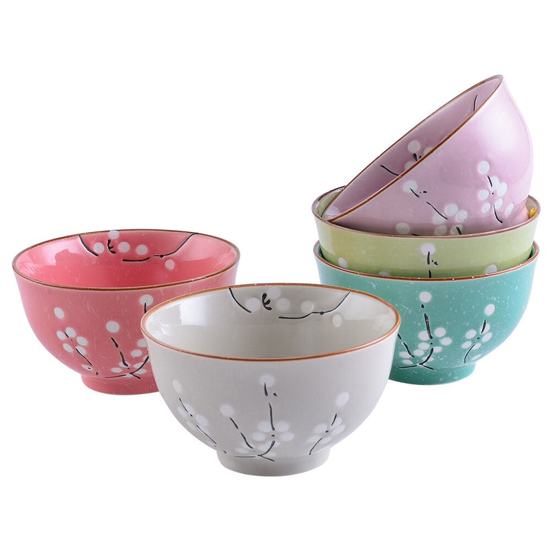 5-Piece 5-Colors 270ML Porcelain Flower Pattern Japanese Style Rice Bowl