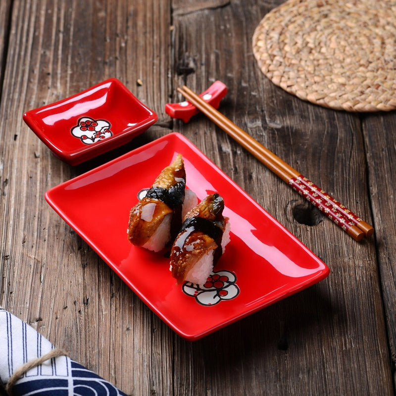 Japanese Style Plum Porcelain Sushi Plate Set with Gift Box