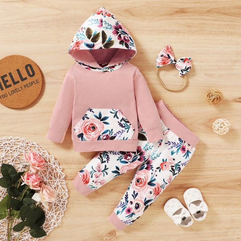 Baby Kids Outfit Sets for Girls Long Sleeve Flower Print Hoodie Sweatshirt Tops+Pants+Headband