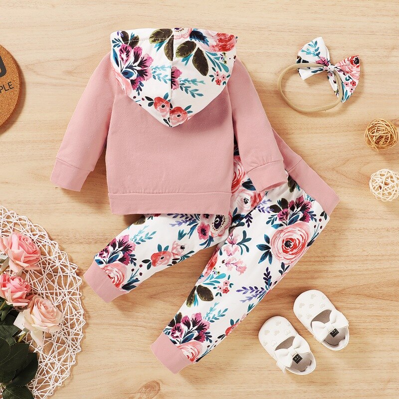 Baby Kids Outfit Sets for Girls Long Sleeve Flower Print Hoodie Sweatshirt Tops+Pants+Headband