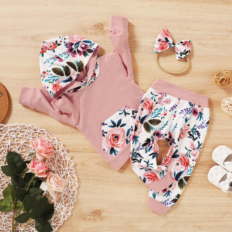 Baby Kids Outfit Sets for Girls Long Sleeve Flower Print Hoodie Sweatshirt Tops+Pants+Headband