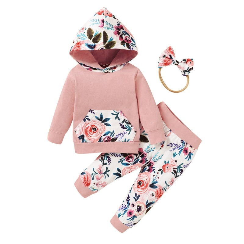 Baby Kids Outfit Sets for Girls Long Sleeve Flower Print Hoodie Sweatshirt Tops+Pants+Headband