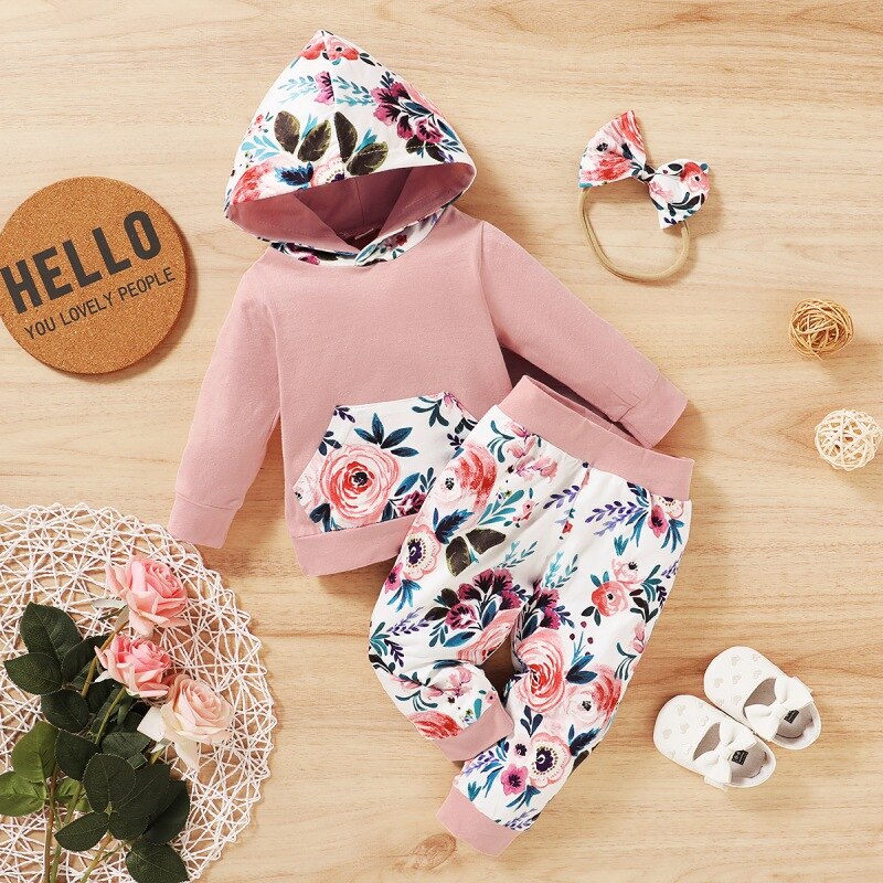 Baby Kids Outfit Sets for Girls Long Sleeve Flower Print Hoodie Sweatshirt Tops+Pants+Headband