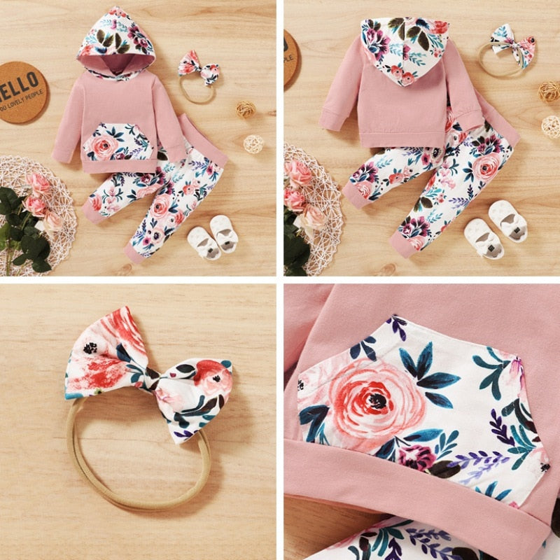 Baby Kids Outfit Sets for Girls Long Sleeve Flower Print Hoodie Sweatshirt Tops+Pants+Headband