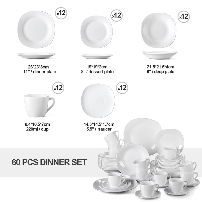 60-Piece Unbreakable Durable Opal Glass Dinner Set w/ 12*Dinner,Soup,Dessert Plate,Cup Saucer