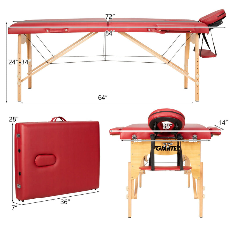 84"L Portable Massage Table Adjustable Facial Spa Bed Tattoo w/ Carry Case Red