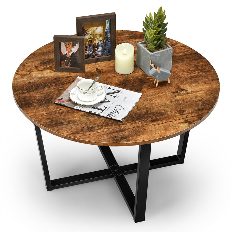 Round Coffee Table Industrial Style Cocktail Side Table With Metal Frame HW67022CF