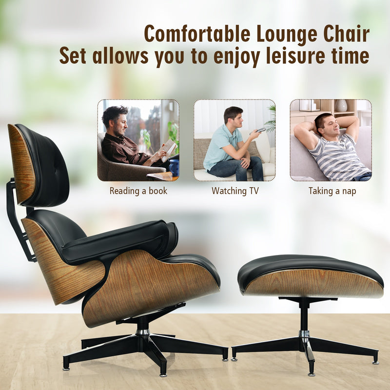 Mid Century Swivel Lounge Chair and Ottoman Set w/ Aluminum Alloy Base HW67287BK